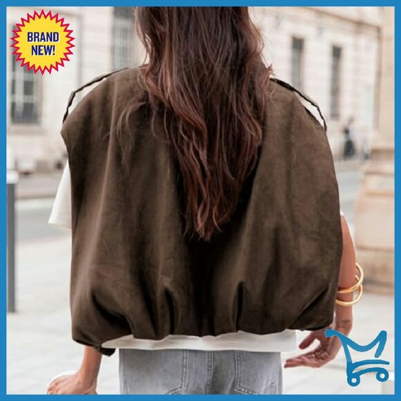 Faux Suede Cropped Bomber Vest, Oversized Fit, Lapel Collar, Zip Closure - Picture 4 of 8